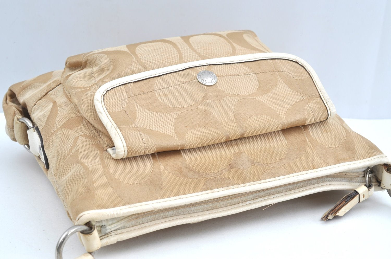 Authentic COACH Signature Shoulder Cross Bag Canvas Leather F16558 Beige K8179