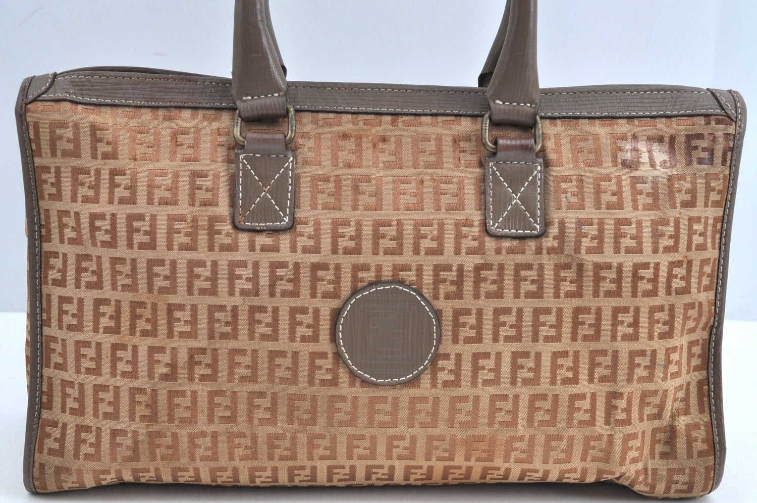 Authentic FENDI Zucchino Hand Boston Bag Purse Canvas Leather Beige K8186