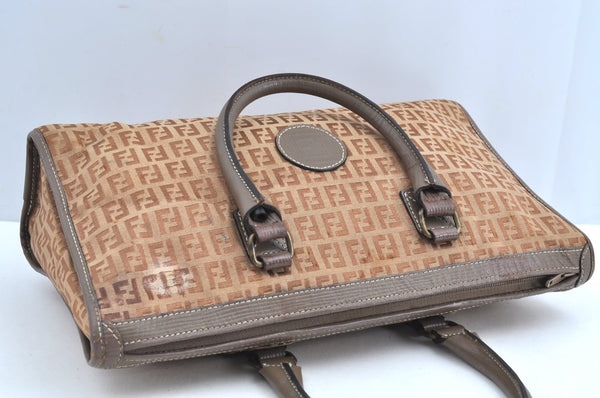 Authentic FENDI Zucchino Hand Boston Bag Purse Canvas Leather Beige K8186