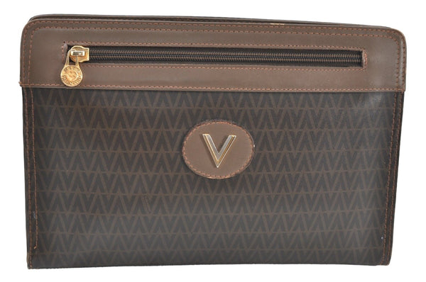 Authentic MARIO VALENTINO V Logo Clutch Hand Bag Purse PVC Leather Brown K8190