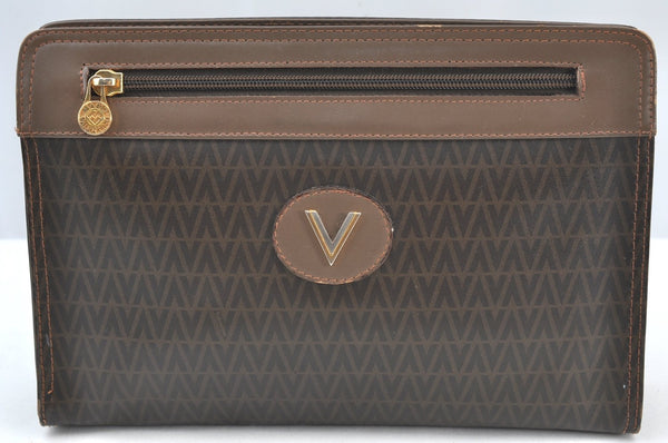 Authentic MARIO VALENTINO V Logo Clutch Hand Bag Purse PVC Leather Brown K8190