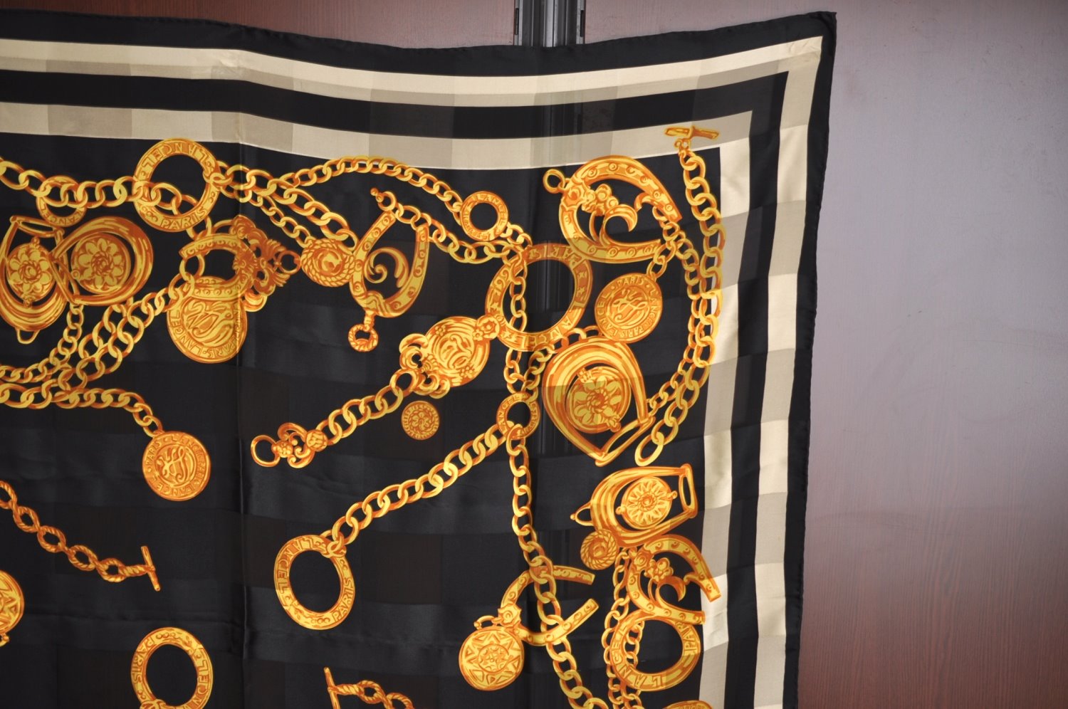 Authentic LANCEL Scarf Chain motif Silk Black K8202