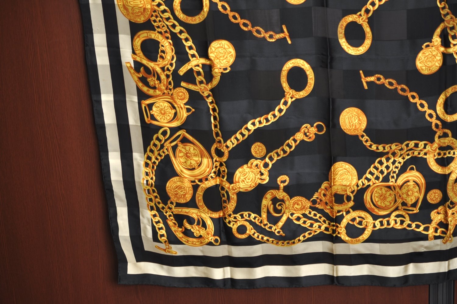 Authentic LANCEL Scarf Chain motif Silk Black K8202