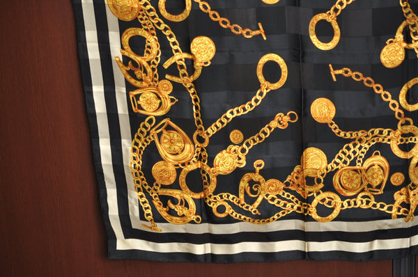 Authentic LANCEL Scarf Chain motif Silk Black K8202