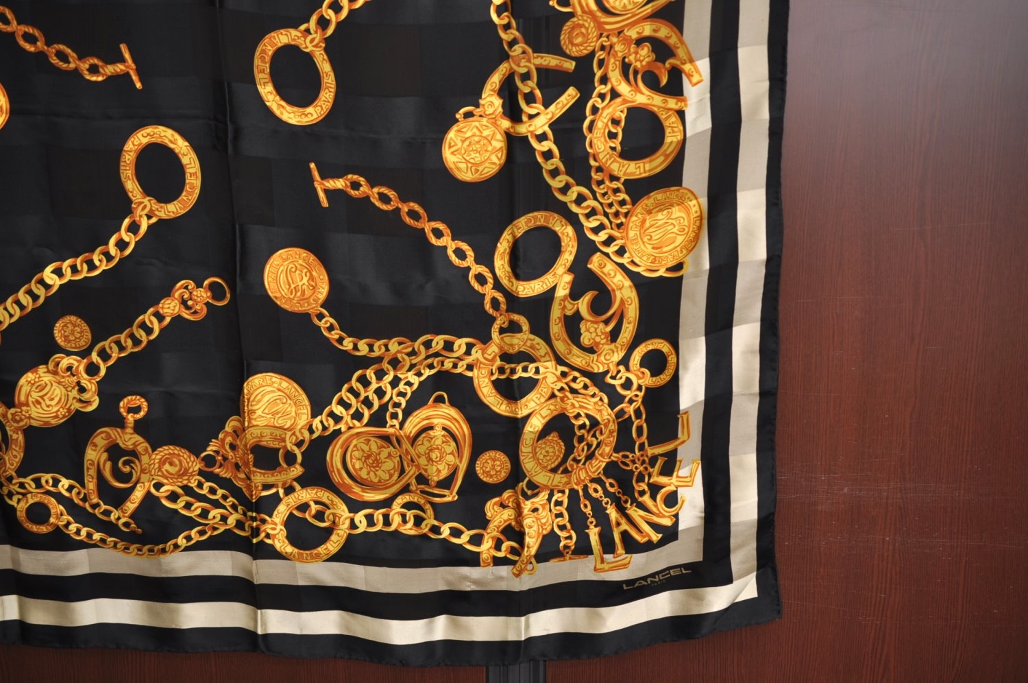 Authentic LANCEL Scarf Chain motif Silk Black K8202