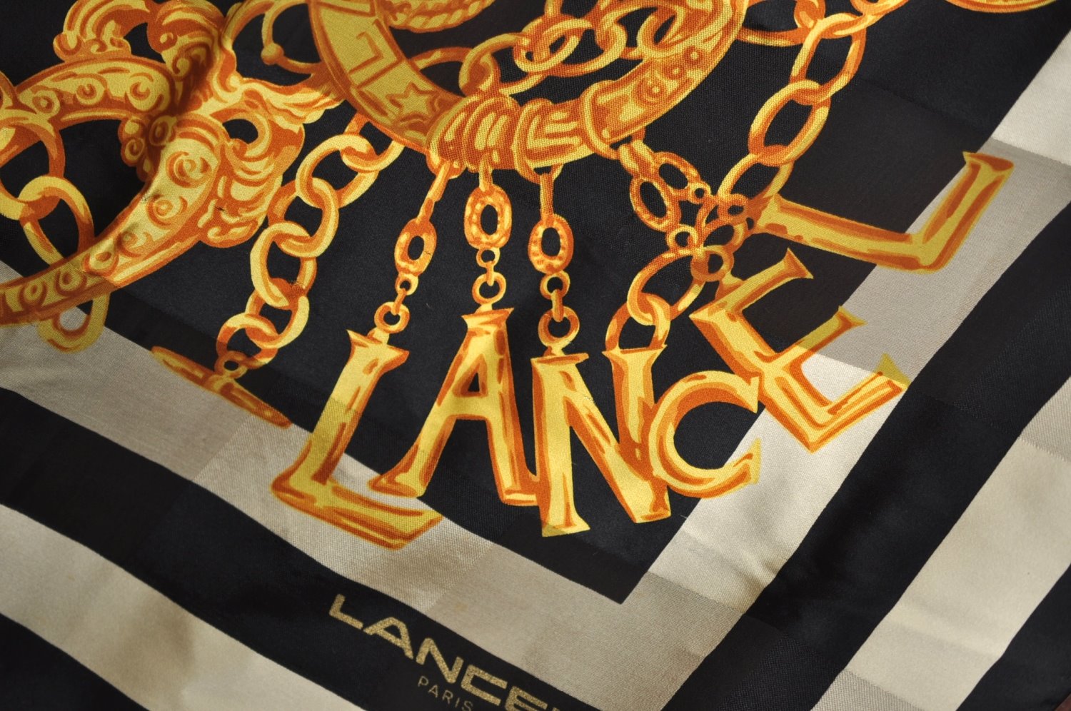 Authentic LANCEL Scarf Chain motif Silk Black K8202