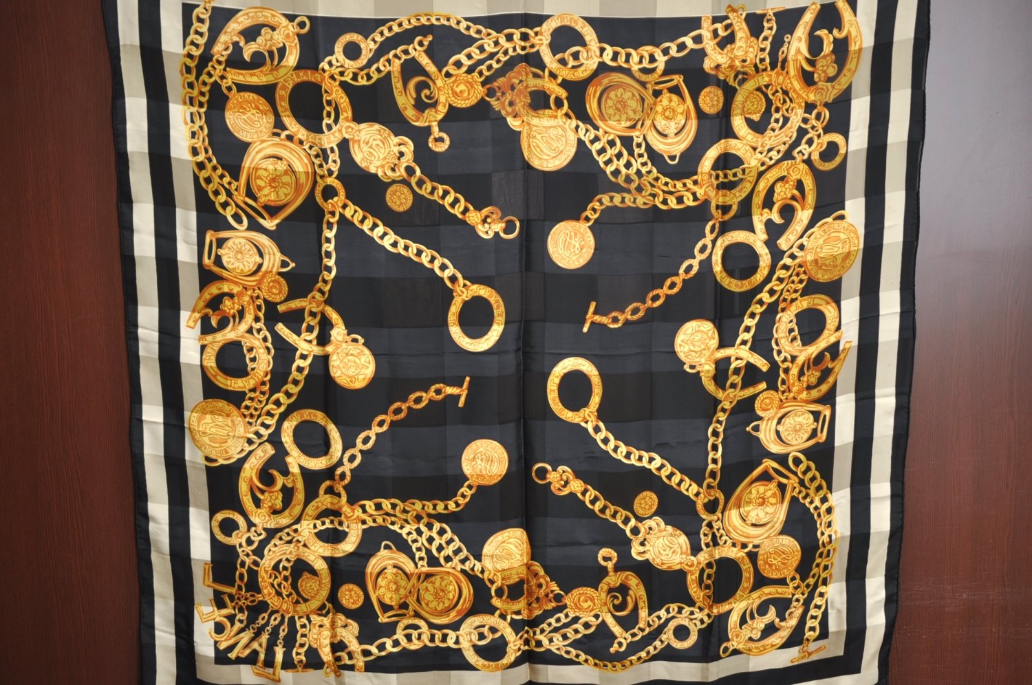 Authentic LANCEL Scarf Chain motif Silk Black K8202