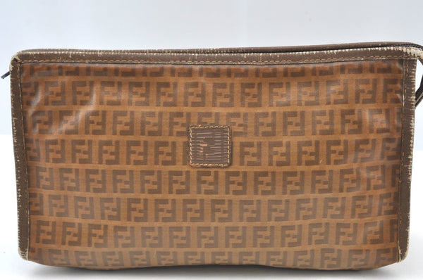 Authentic FENDI Vintage Zucchino Clutch Hand Bag Purse PVC Leather Brown K8207