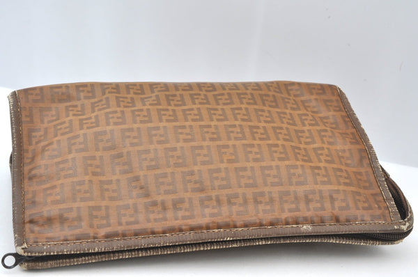 Authentic FENDI Vintage Zucchino Clutch Hand Bag Purse PVC Leather Brown K8207