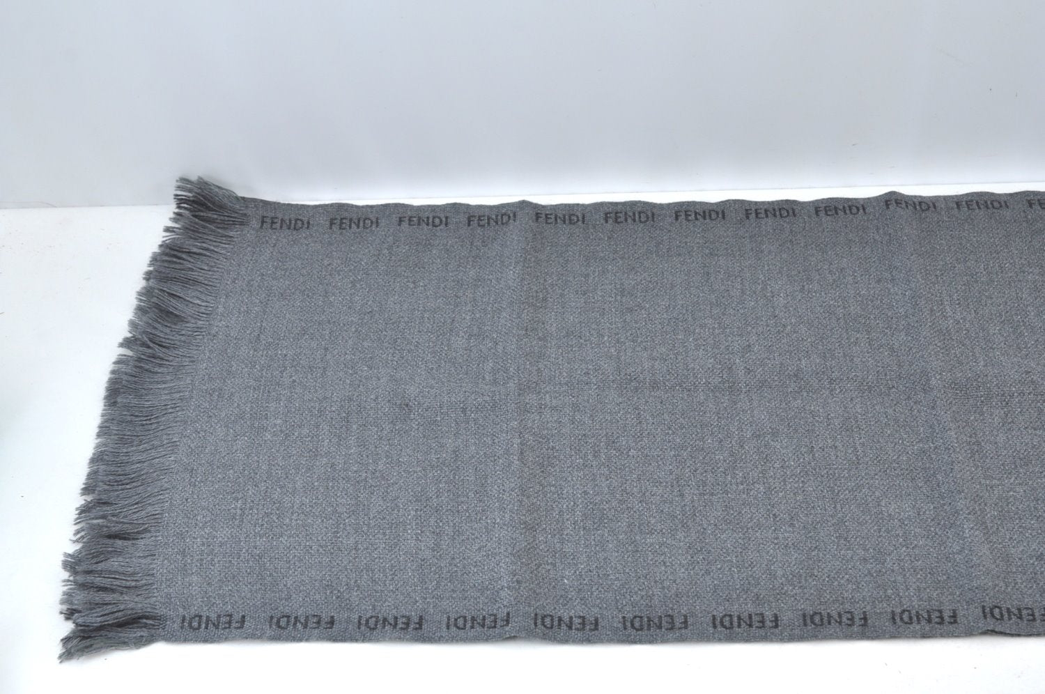 Authentic FENDI Vintage Winter Scarf Shawl Logo Design Wool Gray K8213