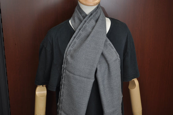 Authentic FENDI Vintage Winter Scarf Shawl Logo Design Wool Gray K8213