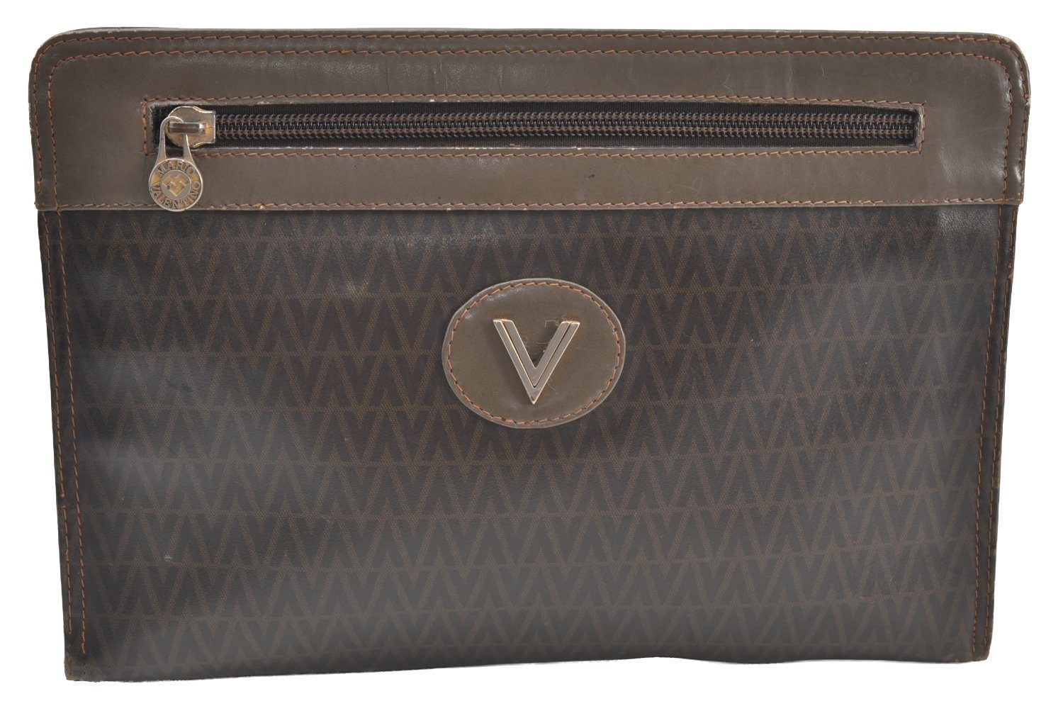 Authentic MARIO VALENTINO V Logo Clutch Hand Bag Purse PVC Leather Brown K8233