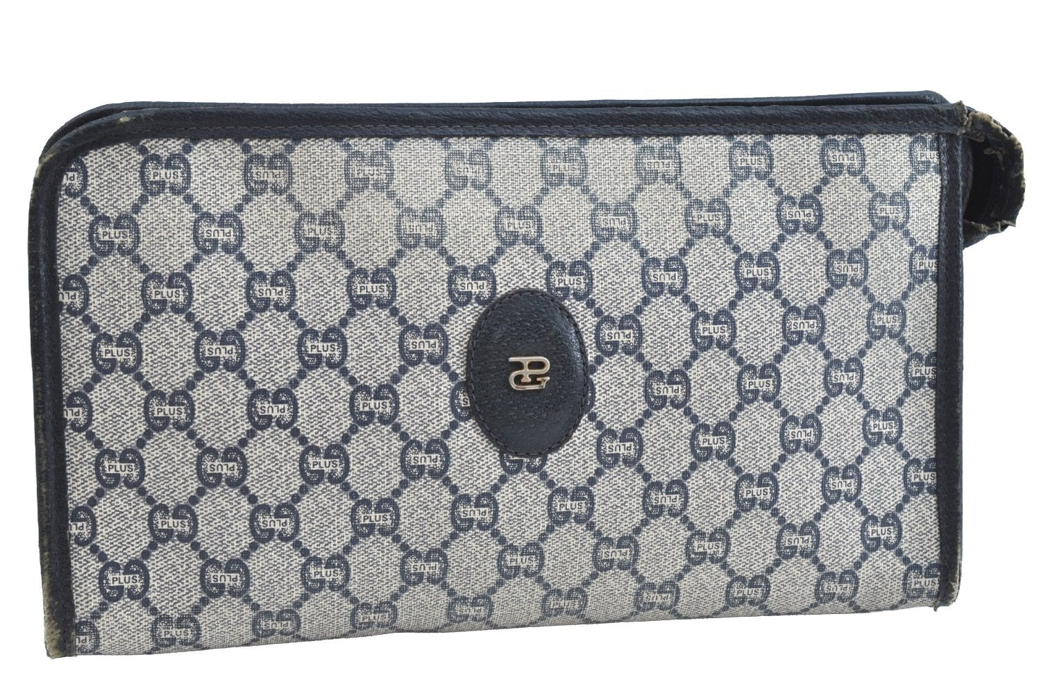 Authentic GUCCI GG Plus Vintage Clutch Hand Bag Purse PVC Leather Navy K8246