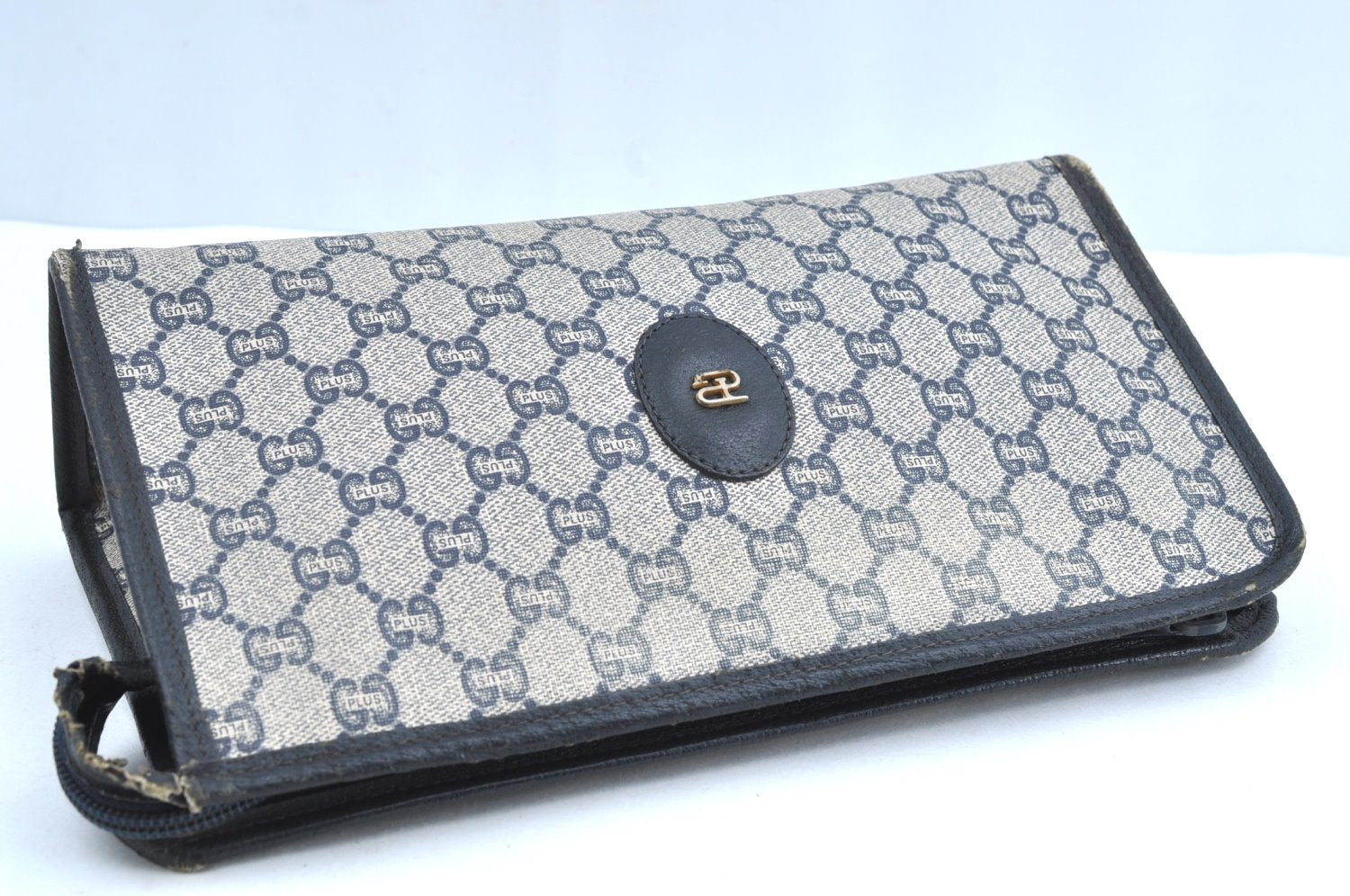 Authentic GUCCI GG Plus Vintage Clutch Hand Bag Purse PVC Leather Navy K8246