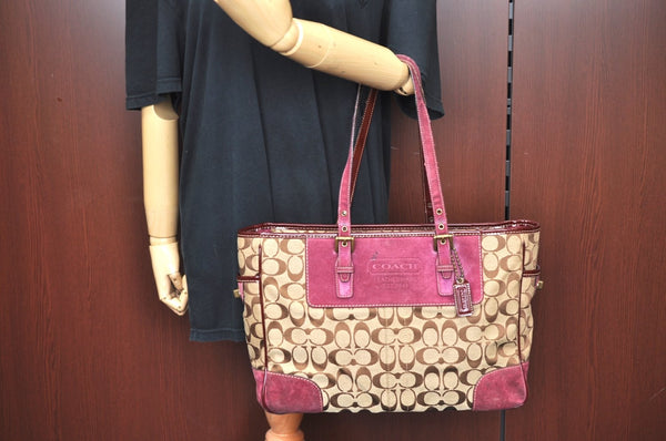 Authentic COACH Signature Shoulder Tote Bag Canvas Leather F04Q Beige K8247