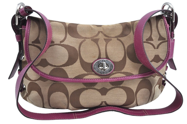 Authentic COACH Signature Shoulder Cross Bag Canvas Leather F15171 Brown K8249