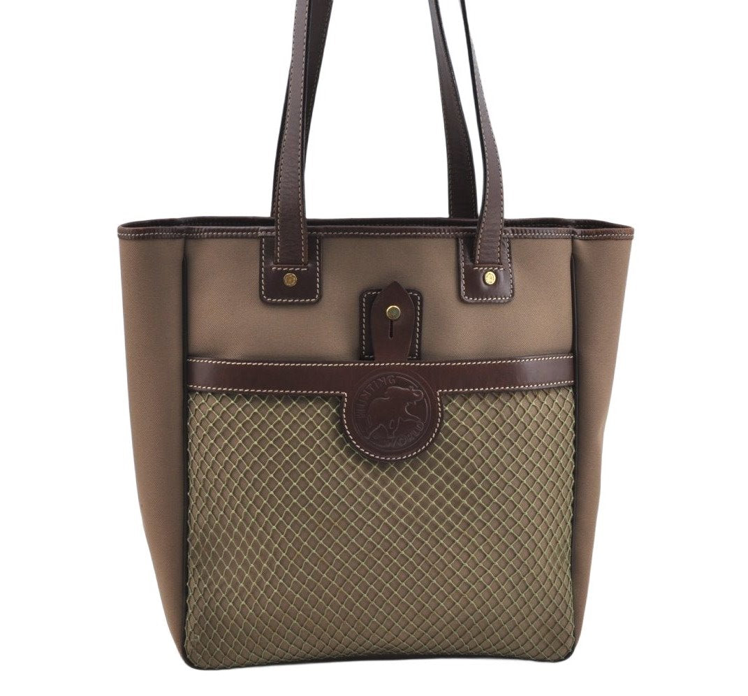 Authentic HUNTING WORLD Logos Shoulder Tote Bag Canvas Leather Khaki K8252