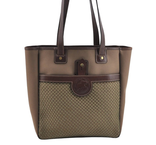 Authentic HUNTING WORLD Logos Shoulder Tote Bag Canvas Leather Khaki K8252