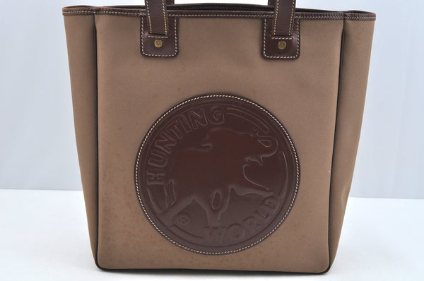Authentic HUNTING WORLD Logos Shoulder Tote Bag Canvas Leather Khaki K8252