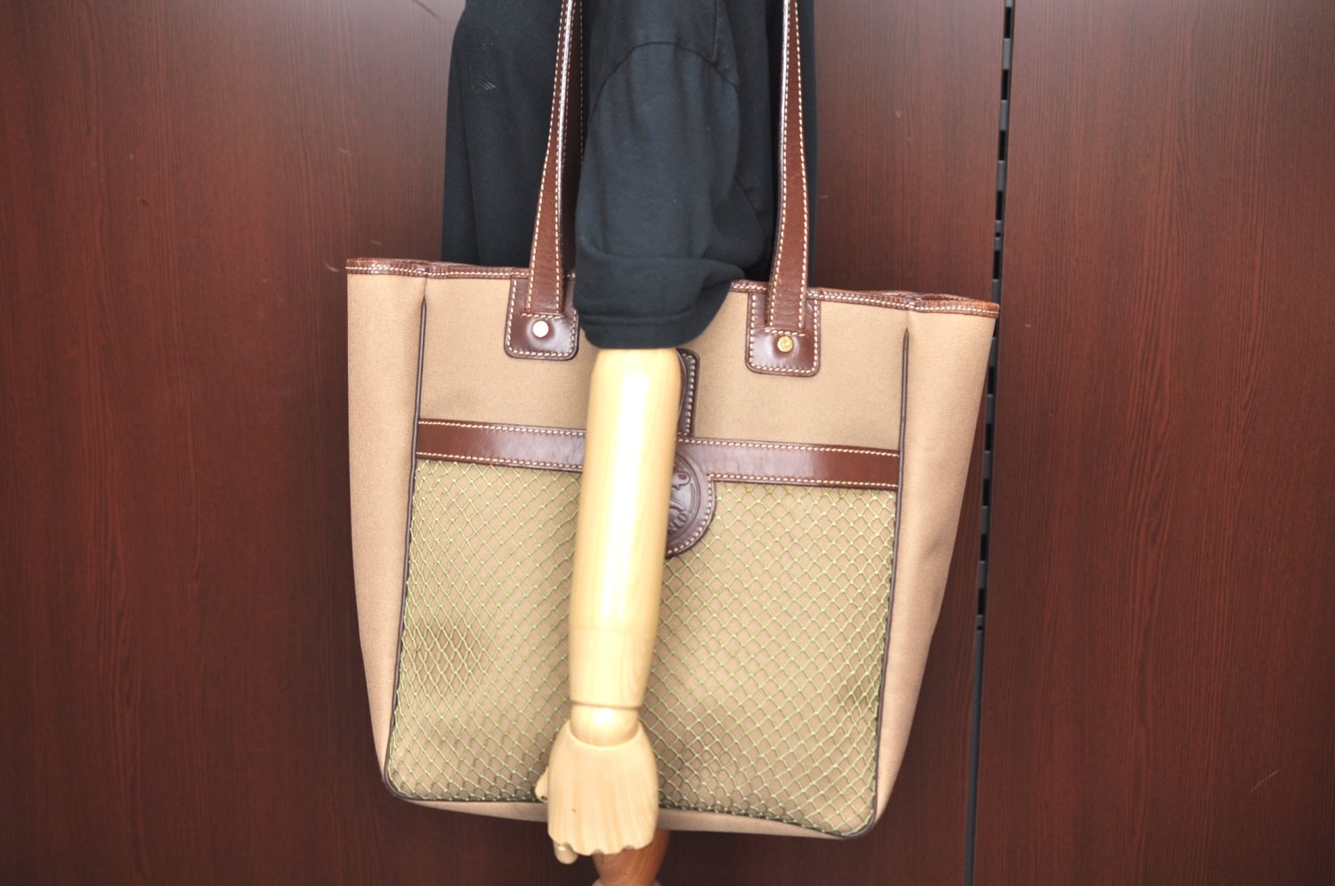 Authentic HUNTING WORLD Logos Shoulder Tote Bag Canvas Leather Khaki K8252