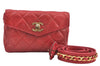 Authentic CHANEL Lamb Skin Matelasse CC Logo Chain Waist Body Bag Red K8253