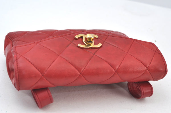 Authentic CHANEL Lamb Skin Matelasse CC Logo Chain Waist Body Bag Red K8253