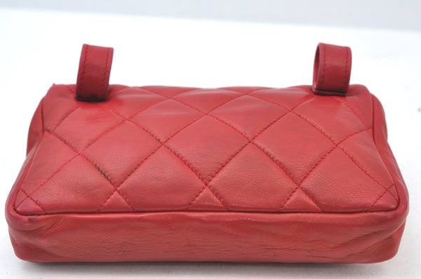 Authentic CHANEL Lamb Skin Matelasse CC Logo Chain Waist Body Bag Red K8253