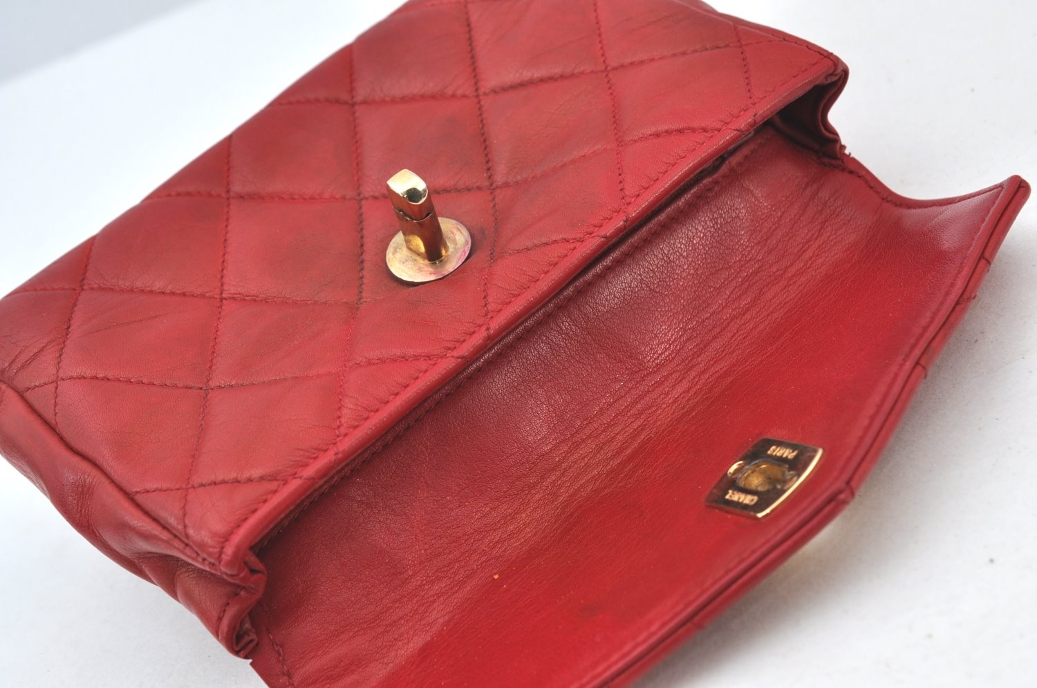 Authentic CHANEL Lamb Skin Matelasse CC Logo Chain Waist Body Bag Red K8253