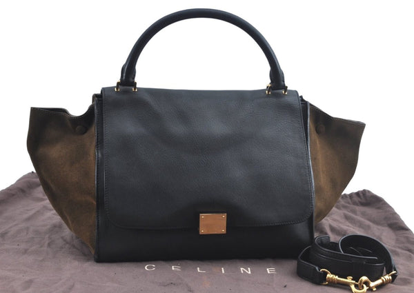 Authentic CELINE Trapeze Medium 2Way Shoulder Hand Bag Leather Suede Black K8255