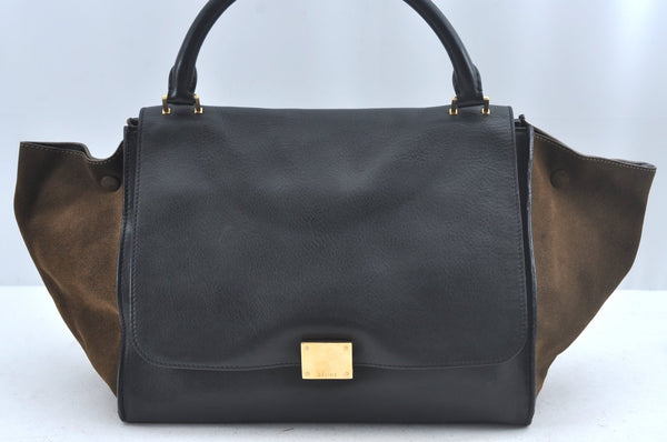 Authentic CELINE Trapeze Medium 2Way Shoulder Hand Bag Leather Suede Black K8255