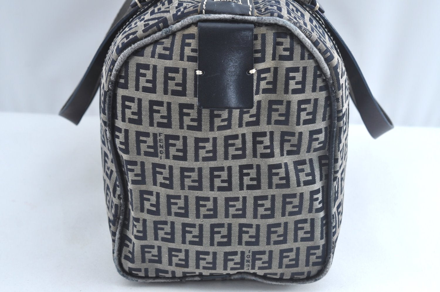 Authentic FENDI Zucca Hand Bag Purse Canvas Leather Navy Blue K8264