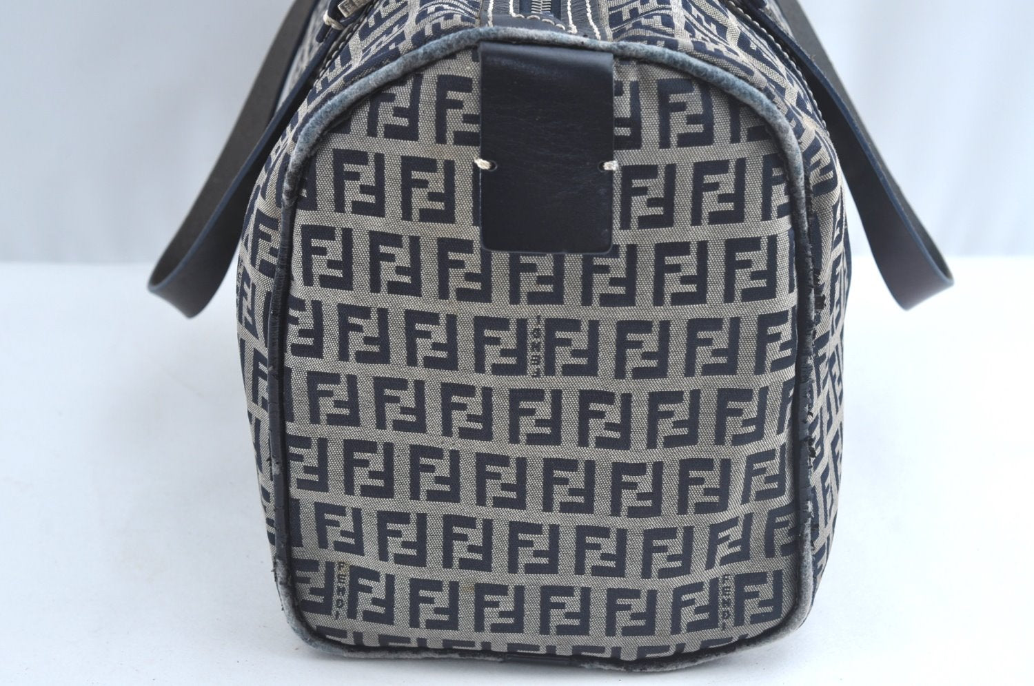 Authentic FENDI Zucca Hand Bag Purse Canvas Leather Navy Blue K8264