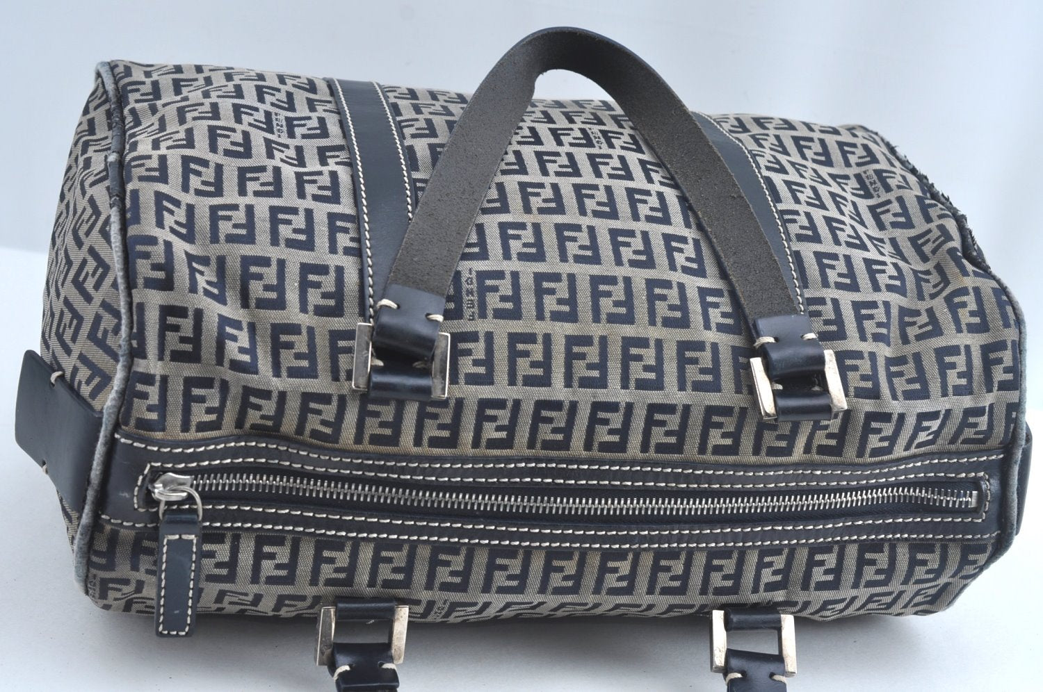 Authentic FENDI Zucca Hand Bag Purse Canvas Leather Navy Blue K8264