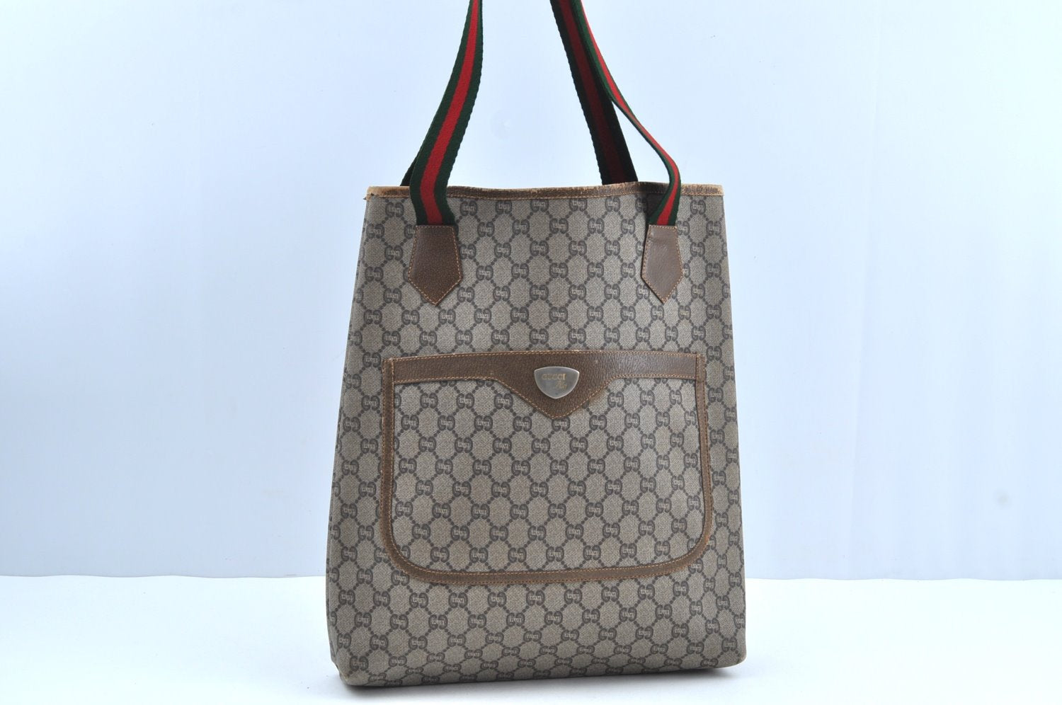 Auth GUCCI Web Sherry Line GG Plus Shoulder Tote Bag PVC Leather Brown K8285