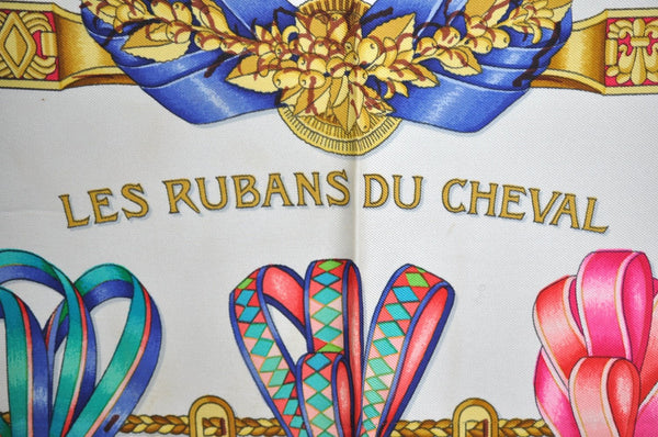 Authentic HERMES Carre 90 Scarf "LES RUBANS DU CHEVAL" Silk White K8303