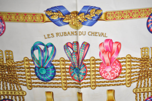 Authentic HERMES Carre 90 Scarf "LES RUBANS DU CHEVAL" Silk White K8303