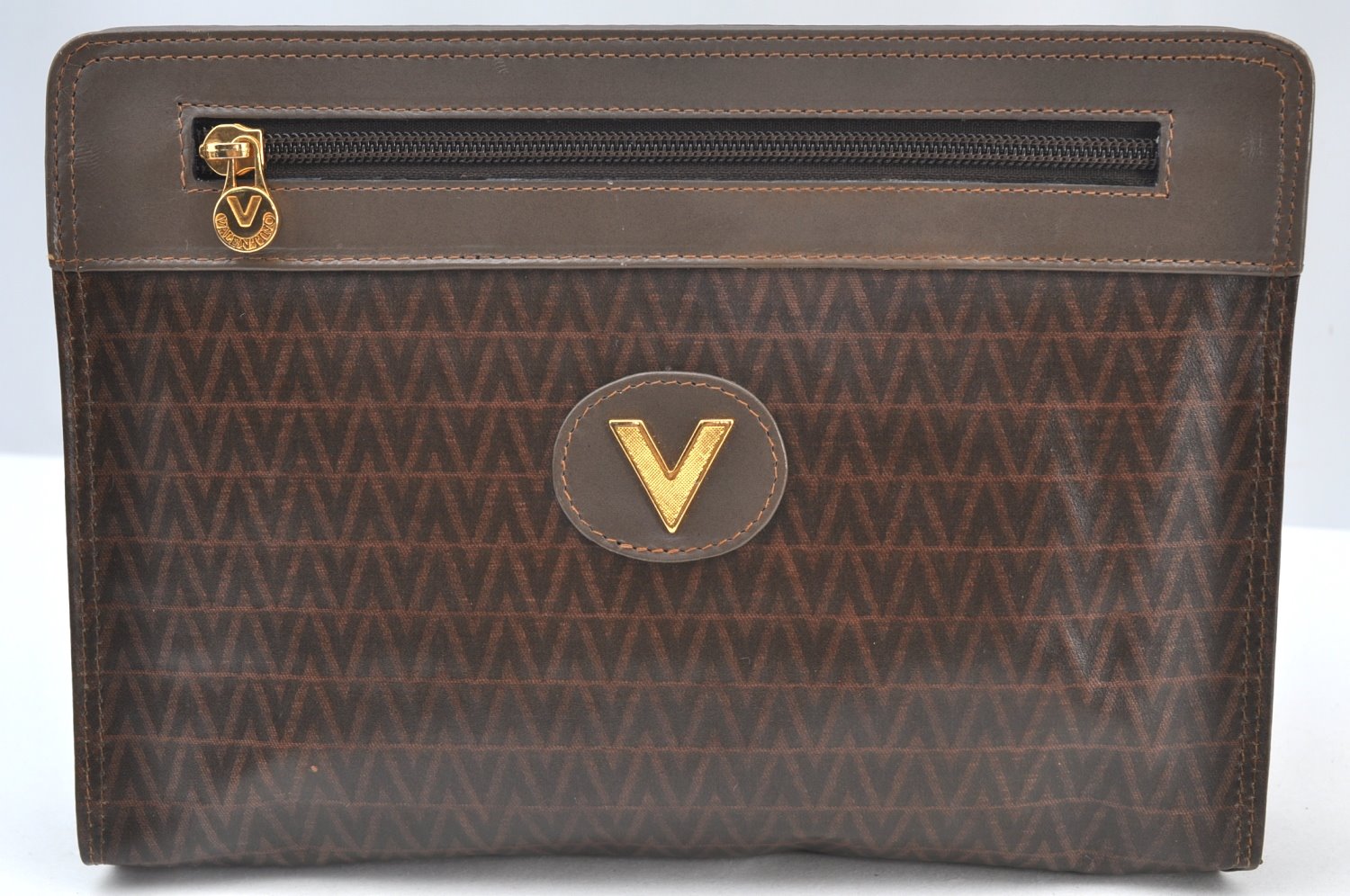 Authentic MARIO VALENTINO V Logo Clutch Hand Bag PVC Leather Brown K8305