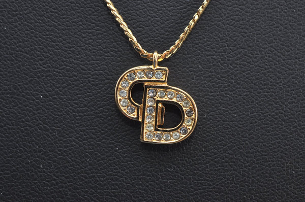 Authentic Christian Dior Rhinestone Chain Pendant Necklace Gold CD K8310