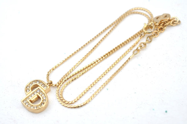 Authentic Christian Dior Rhinestone Chain Pendant Necklace Gold CD K8310