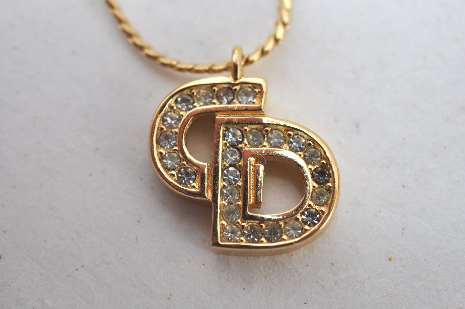 Authentic Christian Dior Rhinestone Chain Pendant Necklace Gold CD K8310