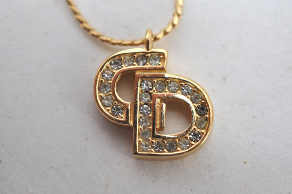 Authentic Christian Dior Rhinestone Chain Pendant Necklace Gold CD K8310