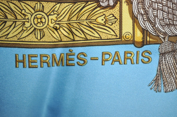 Authentic HERMES Carre 90 Scarf "GRAND UNIFORME" Silk Light Blue K8317