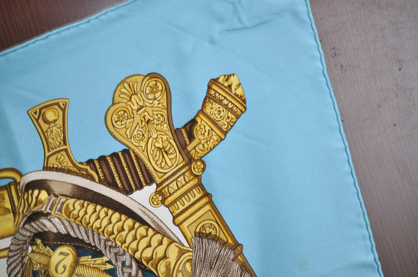 Authentic HERMES Carre 90 Scarf "GRAND UNIFORME" Silk Light Blue K8317