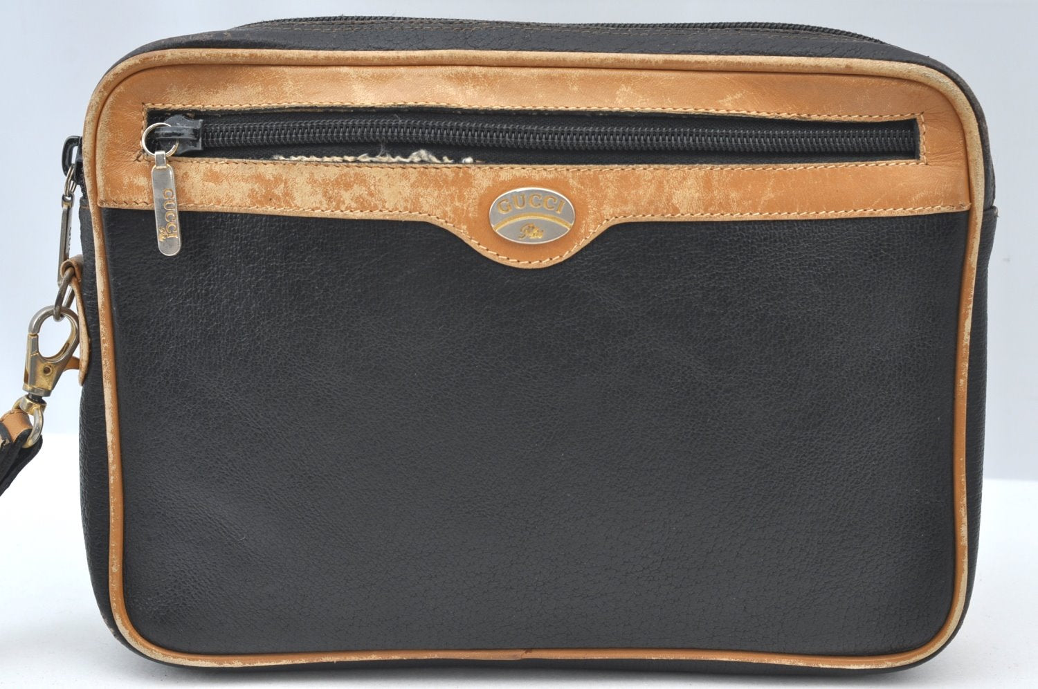 Authentic GUCCI Vintage Clutch Hand Bag Purse Leather Black Brown K8326