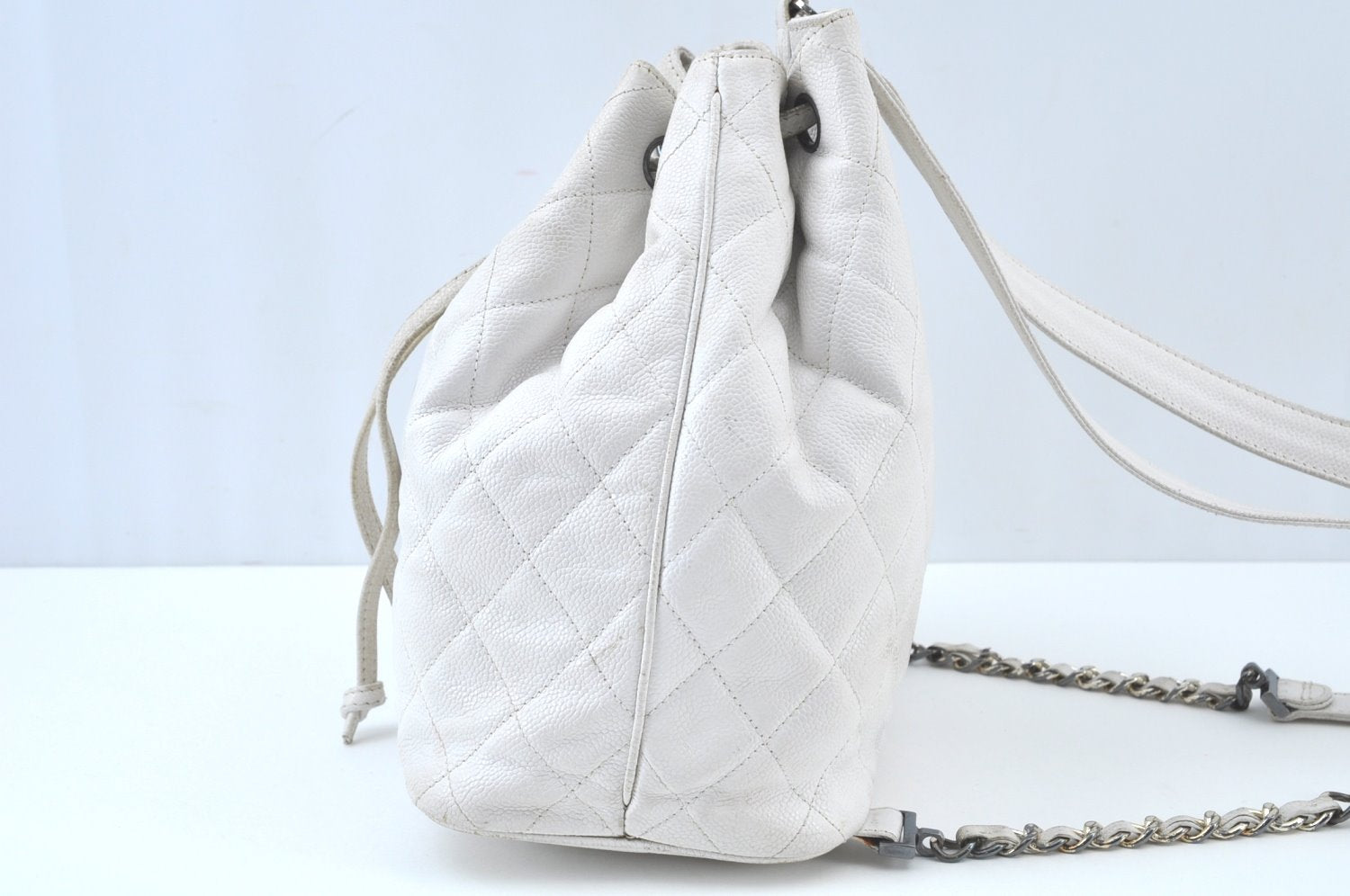 Authentic CHANEL Caviar Skin Matelasse CoCo Mark 2Way Backpack Purse White K8332