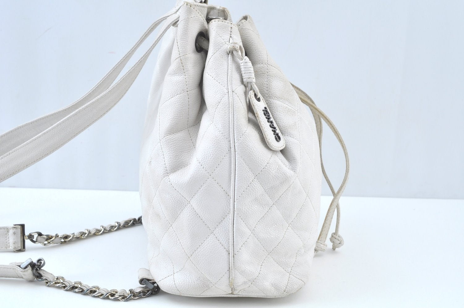 Authentic CHANEL Caviar Skin Matelasse CoCo Mark 2Way Backpack Purse White K8332