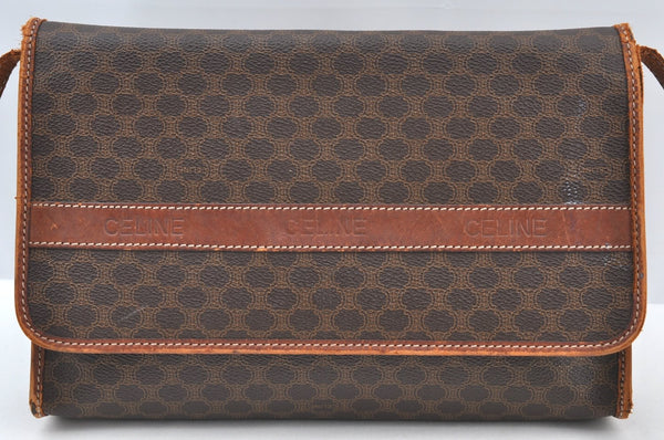 Authentic CELINE Macadam Blason Shoulder Cross Body Bag PVC Leather Brown K8364
