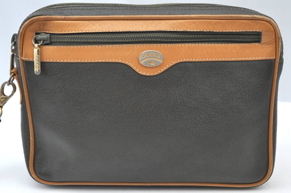 Authentic GUCCI Vintage Clutch Hand Bag Purse Leather Khaki Green K8367