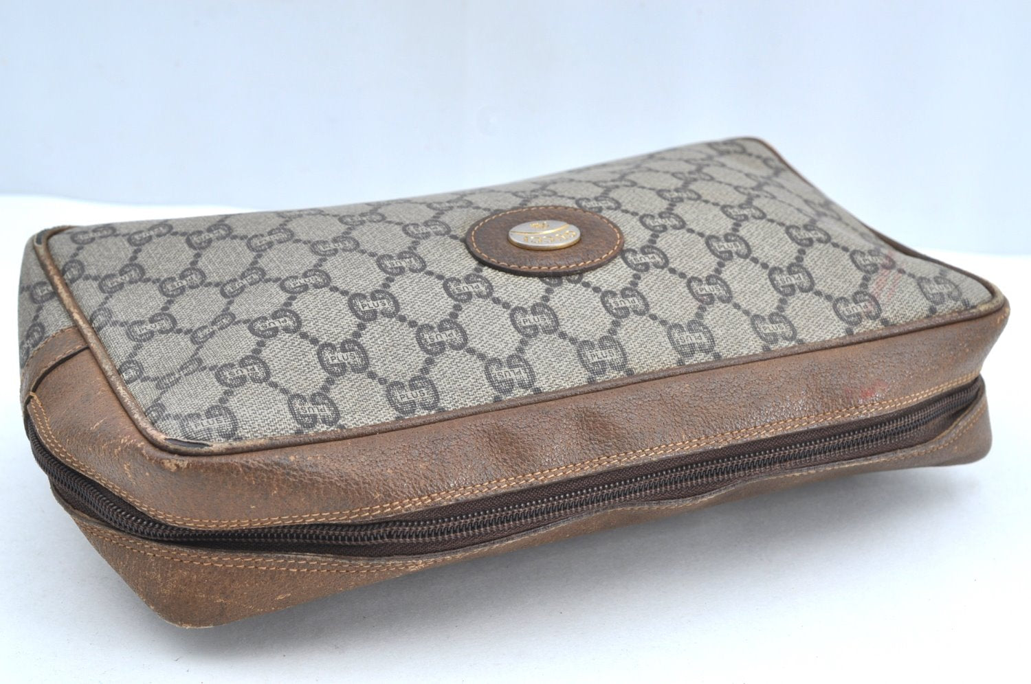 Authentic GUCCI GG Plus Vintage Clutch Hand Bag Purse PVC Leather Brown K8373