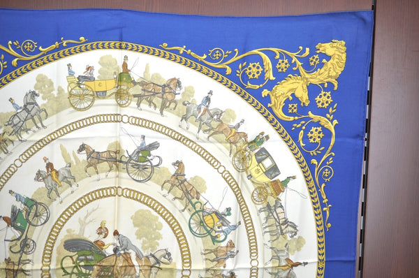 Authentic HERMES Carre 90 Scarf "LA PROMENADE DE LONGCHAMPS" Silk Blue K8378